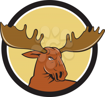 Illustration of a moose head looking to the side set inside circle on isolated background done in cartoon style. 