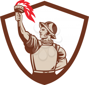 Illustration of a spanish conquistador looking to the side with one head at the back and the other hand lifting raising torch set inside shield crest on isolated background done in retro style. 