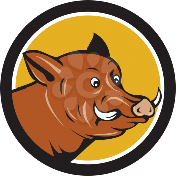 Illustration of a startled wild pig boar razorback head viewed from the side set inside circle done in cartoon style. 