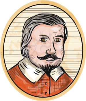 Illustration of a Medieval aristocrat gentleman with beard and moustache facing front set inside oval shape done in retro woodcut style. 