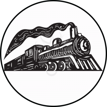 Illustration of a steam train locomotive coming up viewed from low angle set inside circle on isolated background done in retro woodcut style. 