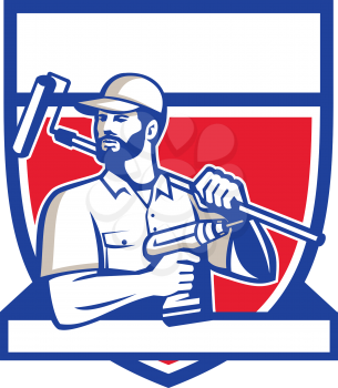 Illustration of a handyman with beard moustache facial hair holding paintroller on shoulder and cordless drill looking to the side set inside shield crest on isolated background done in retro style. 
