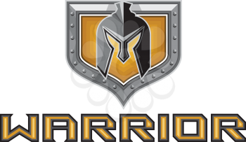Illustration of a spartan warrior helmet viewed from front set inside shield crest with the word text Warrior in the bottom done in retro style. 