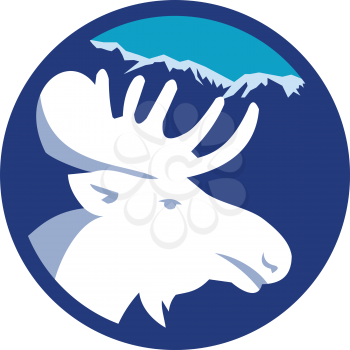 Illustration of a moose head viewed from the side set inside circle with mountains alps in the background done in retro style. 