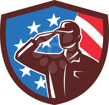 Illustration of an american soldier serviceman silhouette saluting set inside shield crest with usa flag stars and stripes in the background done in retro style. 