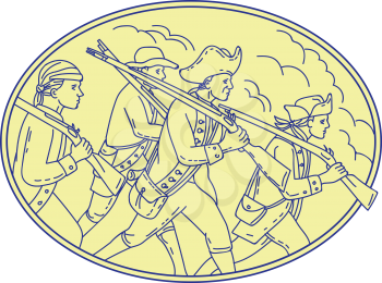 Mono line style illustration of a american revolutionary soldiers servicemen holding rifle on their shoulders marching viewed from the side set inside oval shape. 
