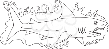 Drawing sketch style illustration of a shark swimming in water viewed from the side set on isolated white background.