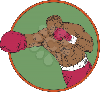 Drawing sketch style illustration of an african-american boxer doing a right hook punch set inside circle on isolated background. 