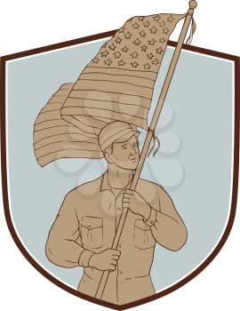 Drawing sketch style illustration of an american soldier serviceman waving holding usa flag looking to the side set inside shield crest on isolated background. 