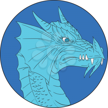 Drawing sketch style illustration of a head of an angry blue dragon viewed from the side set inside circle on isolated background.