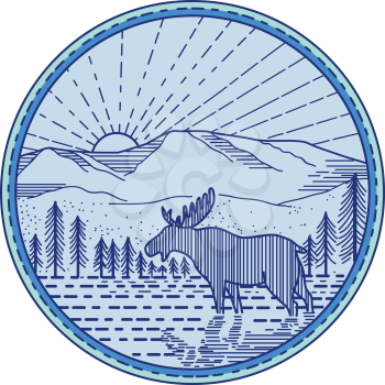 Mono line style illustration of a moose viewed from the side with river, flat mountain and sunburst in the background set inside circle. 