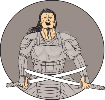 Drawing sketch style illustration of an angry Samurai warrior looking up holding  swords in a cross position viewed from front set inside oval on isolated background. 
