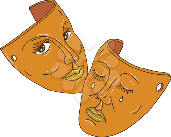 Mono line style illustration showing the two masks associated with drama representing the traditional generic division between comedy and tragedy using ancient Greek Muses, Thalia was Muse of comedy (