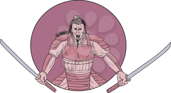 Drawing sketch style illustration of a raging Samurai warrior holding two swords viewed from front set inside oval on isolated background. 