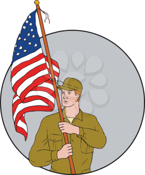 Drawing sketch style illustration of an american soldier serviceman looking to the side holding usa flag with pole on shoulder set inside circle on isolated background. 