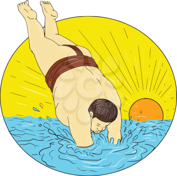 Drawing sketch style illustration of a Japanese sumo wrestler diving into water sea set inside circle with sunset in the background. 