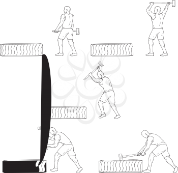 Collection set of illustrations of an athlete working out hitting tire with hammer viewed from the side done in drawing sketch style. 