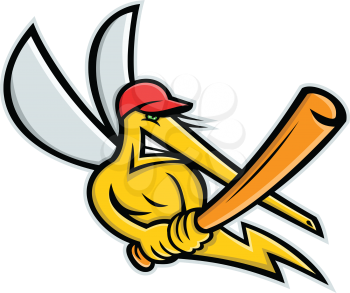 Mascot icon illustration of a mosquito, a small, midge-like fly, as baseball player batting with baseball bat viewed from front on isolated background in retro style.