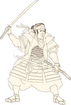 Woodblock drawing sketch style illustration of Samurai Warrior Katana sword Fight Stance viewed from side on isolated background.