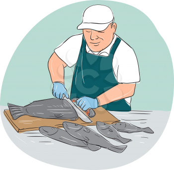 Cartoon illustration showing a Fishmonger Cutting Fish with knife viewed from front set inside oval shape.