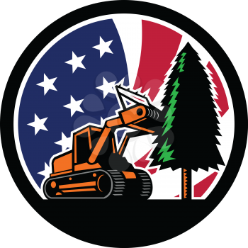 Retro style illustration of a tracked mulching tractor or forestry mulcher tearing down tree with American stars and stripes USA flag inside circle l on isolated background.