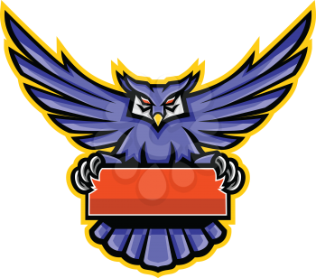 Mascot icon illustration of a great horned owl with wings spread holding a banner or sign viewed from front on isolated background in retro style.