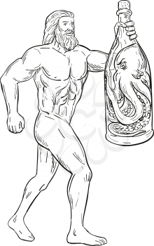 Drawing sketch style illustration of Hercules, a Roman hero and god holding a bottled up angry octopus on isolated white background in black and white.