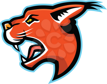 Sports mascot illustration of head of caracal, a medium-sized wild cat native to Africa with short face, long tufted ears, and long canine teeth viewed from side on isolated background in retro style.