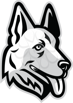 Mascot icon illustration of head of a  German Shepherd or Alsatian wolf dog  viewed from side on isolated background in retro style.