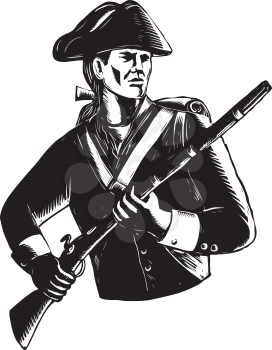 Scratchboard style illustration of an American Patriot holding musket rifle done on black and white scraperboard on isolated background.