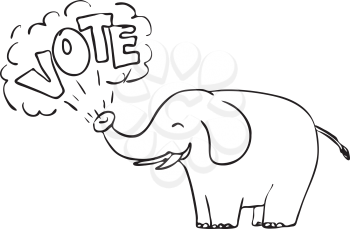 Drawing sketch style illustration of a white elephant blowing the word Vote from it's trunk on isolated white background in black and white.