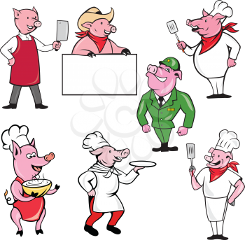 Set or collection of cartoon character mascot style illustration of pig, hog or boar as worker, chef, cook, butcher, waiter, cowboy, soldier, military personnel, general on isolated white background.