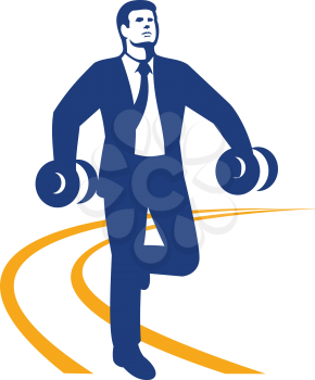 Illustration of a Businessman office worker in suit coat and tie Power Walking with Dumbbells on both hands done in Retro style.