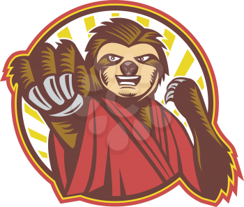 Icon style illustration of a mascot of a Sloth Fighter Self Defense punching fighting viewed from front set inside circle on isolated background.