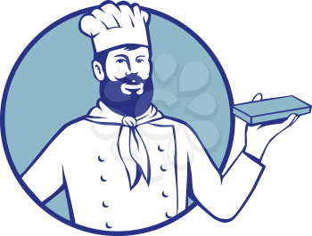 Retro style illustration of Hipster Baker chef cook Holding up Chocolate Block set inside circle on isolated background.