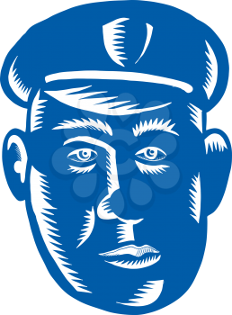 Retro style illustration of Police Officer policeman cop Head viewed from front on isolated background.