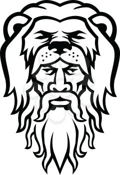 Black and white mascot illustration of head of Hercules or Heracles, a Roman hero and mythology god, son of Jupiter wearing a lion skin pelt viewed from front on isolated background in retro style.