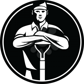 Illustration of male gardener, landscaper or horticulturist leaning on shovel spade facing front done in retro Black and White style set inside circle.