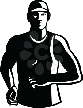 Black and White Illustration of a male athlete marathon runner running facing front set done in retro style.