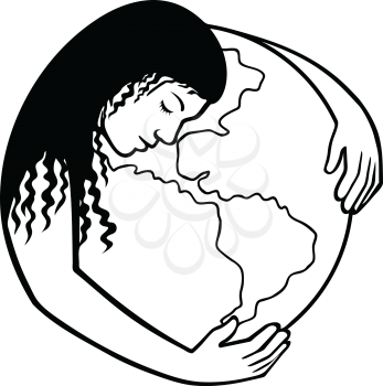 Retro black and white style illustration of Mother Earth or Gaia, a goddess who inhabits the planet, offering life and nourishment, hugging the world or globe on isolated background.