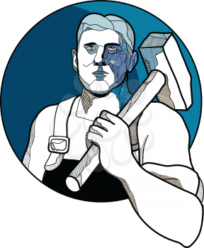 Drawing sketch style illustration of a trade unionist, factory worker or communist worker with hammer on shoulder viewed from front set inside circle.