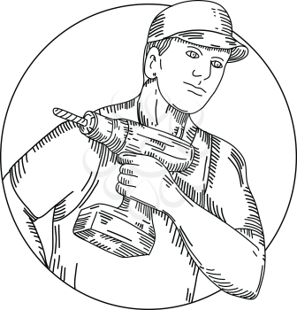 Mono line illustration of a handyman, builder, carpenter or construction worker holding a cordless drill set inside circle done in black and white.