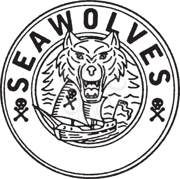 Illustration of a Sea Wolf head with Pirate Sailing Ship in background set inside Circle with words SeaWolves done in Line Drawing style.