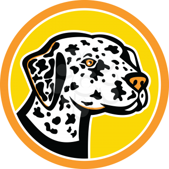 Mascot icon illustration of a Dalmatian, a breed of medium-sized black spotted dog, used as carriage dog with roots in Dalmatia region of  Croatia set inside circle isolated background in retro style.
