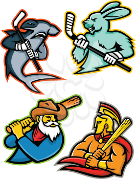 Mascot icon illustration set of  baseball and ice hockey team mascots showing a hammerhead shark and jackrabbit or hare ice hockey player, miner and Trojan or Spartan warrior baseball player viewed from side  on isolated background in retro style.