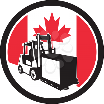 Icon retro style illustration of a Canadian logistics operations with forklift truck with Canada maple leaf flag set inside circle on isolated background.