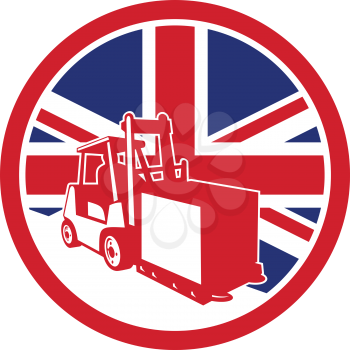 Icon retro style illustration of a British logistics operations with forklift truck with United Kingdom UK, Great Britain Union Jack flag set inside circle on isolated background.