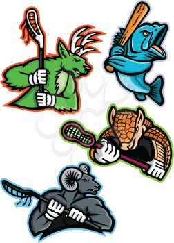 Mascot icon illustration set of  lacrosse and baseball sporting sports team mascots like  a stag deer, armadillo and bighorn ram, mountain goat lacrosse players and a largemouth bass baseball player on isolated background in retro style.