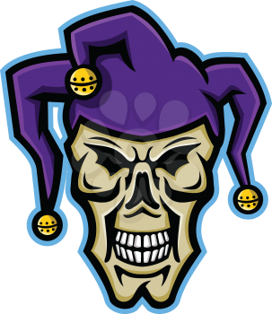 Mascot icon illustration of head of a court jester, joker, fool,story-teller or minstrel skull viewed from front on isolated background in retro style.