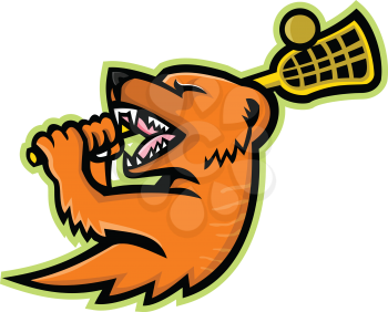 Mascot icon illustration of a mongoose with lacrosse stick and ball viewed from side  on isolated background in retro style.